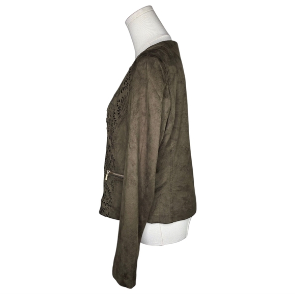 Carmen Marc Valvo Olive Faux Suede Laser Cut Zip Jacket Size 8 Boho Chic - Picture 3 of 8